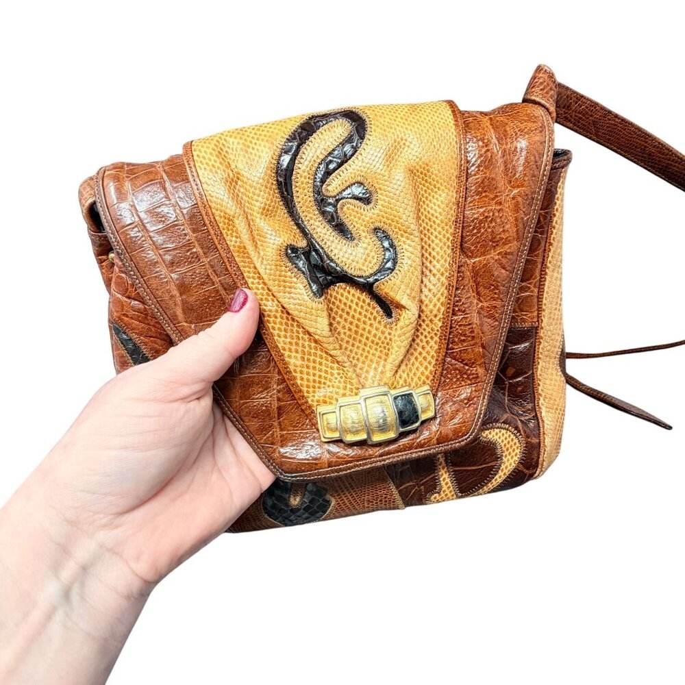 Sharif Vintage Leather Crossbody Bag Snakeskin Croc Embossed Brown USA Retro - Picture 16 of 16